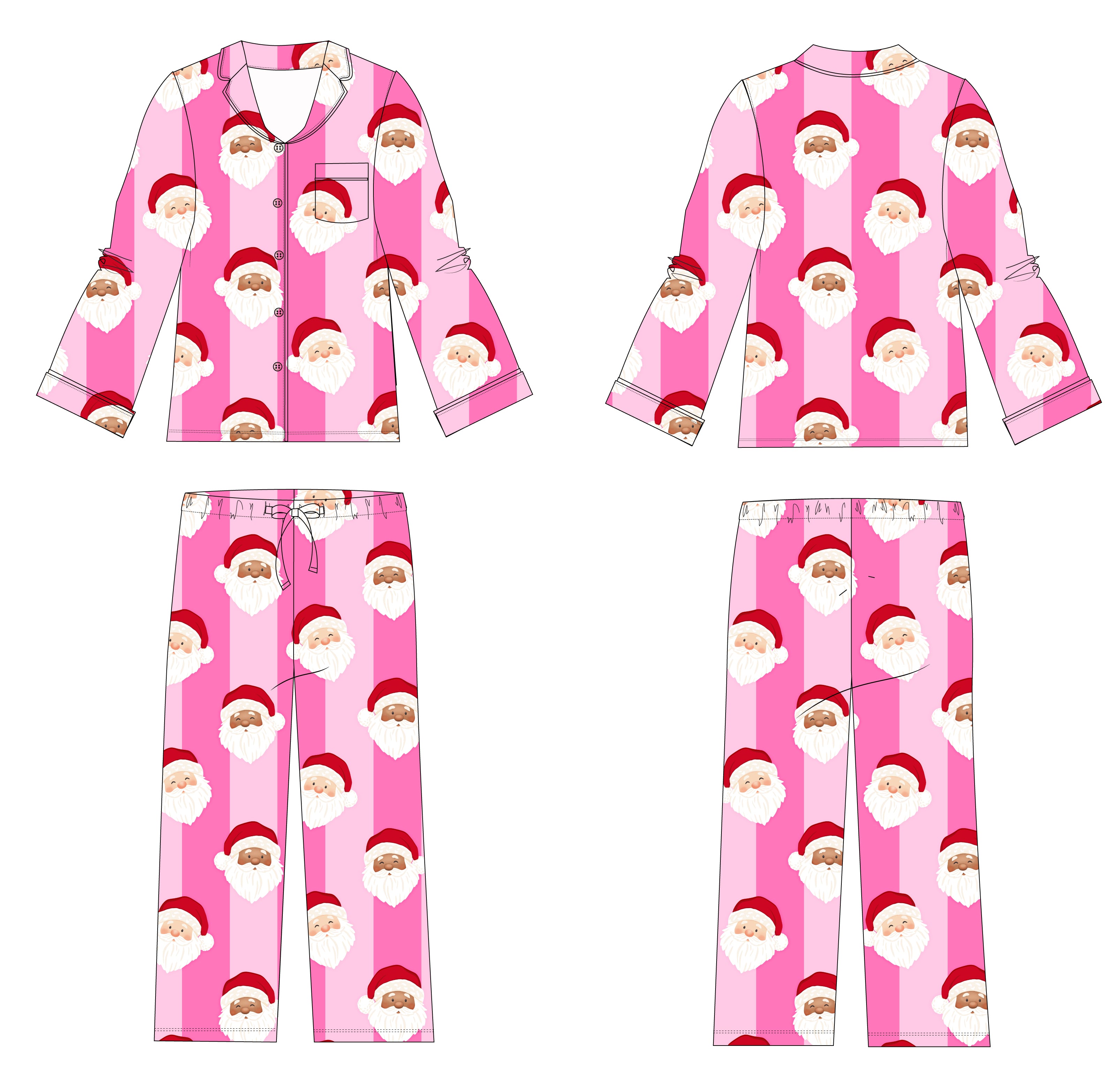 A flat technical drawing showing four views of a pink set with a repeating Santa Claus face print, including front and back top and front and back pants on a white background.